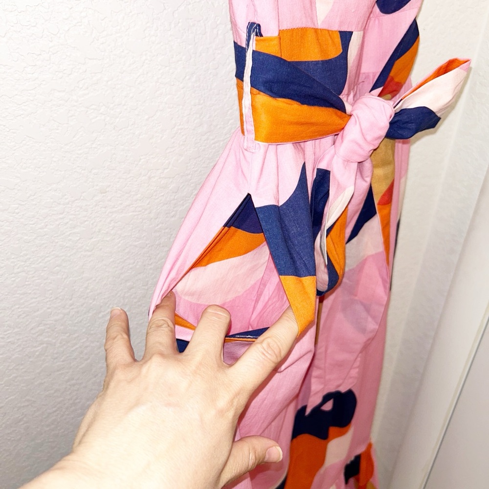 CIEBON The Roma 💯 Cotton Belted Maxi Dress Tie Straps Pink Abstract SZ: Small - Picture 12 of 15